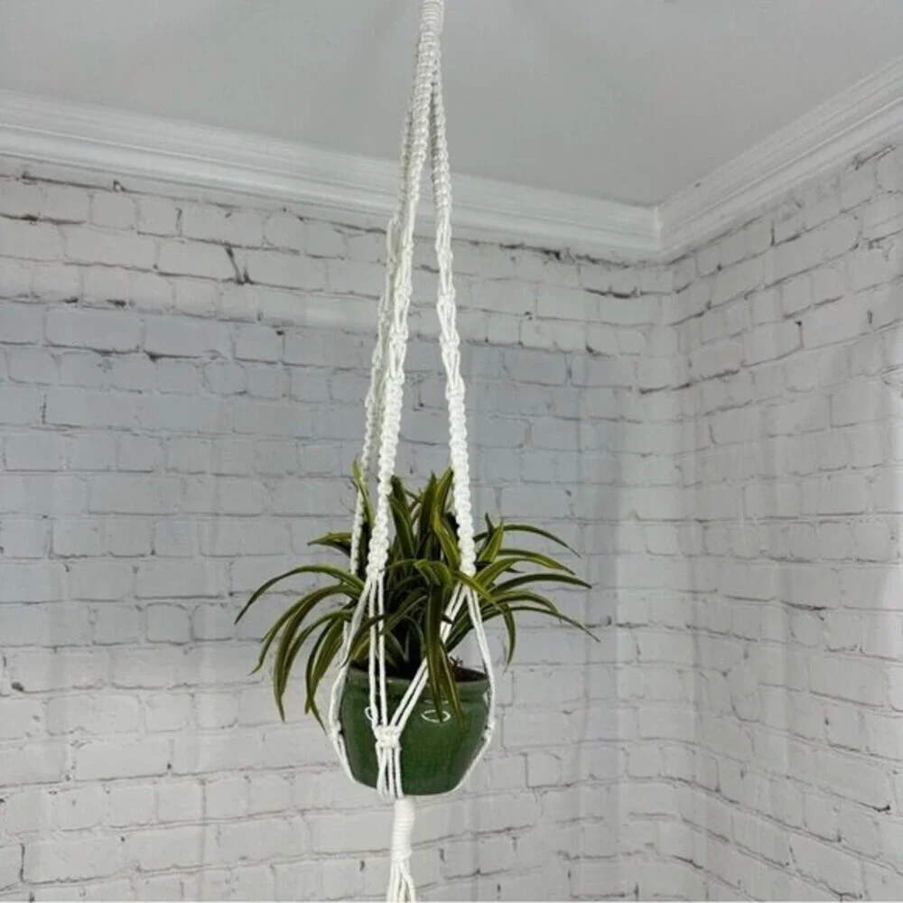 Set of 4 Macrame‎ Plant Hangers Off White Cotton Boho Beaded Indoor Outdoor NEW